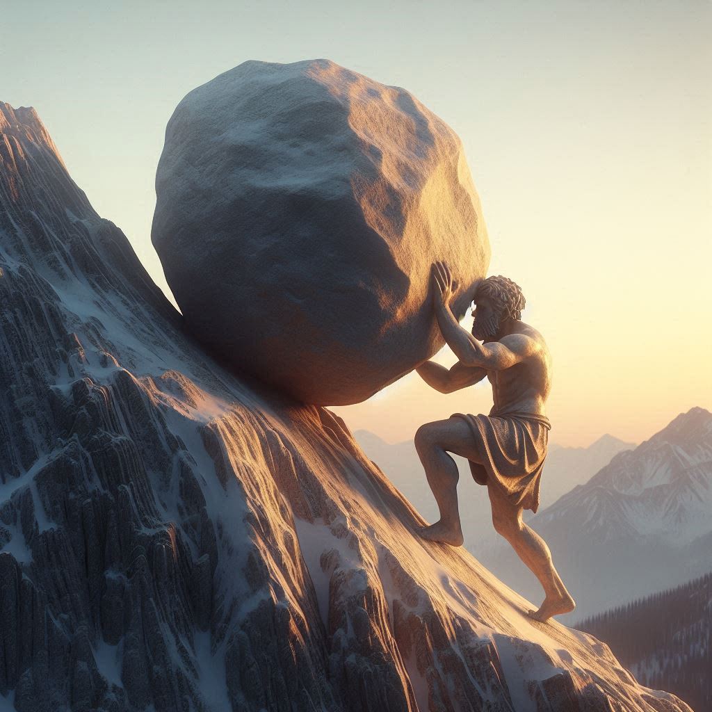 Sisyphus pushing a boulder up a mountain